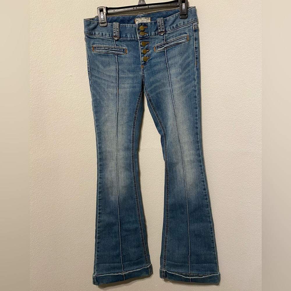 Free People Y2K Flare Blue Jeans Button Fly Pintuck Faded Cuffed 28